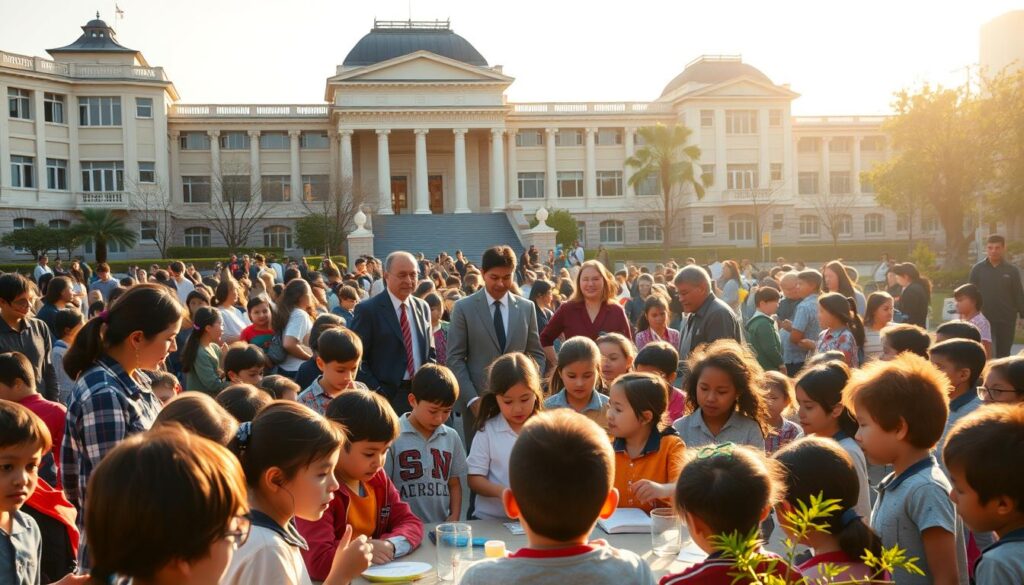 A bustling schoolyard with children engaged in various educational activities, surrounded by stately government buildings in the background. The scene is bathed in warm, golden sunlight, conveying a sense of collaboration and shared responsibility between the government and the community. In the foreground, teachers guide students through hands-on experiments, while in the middle ground, administrators and policymakers confer, their expressions determined yet compassionate. The architectural design of the government buildings suggests a harmonious integration of modernity and tradition, reflecting the government's commitment to educational innovation and preserving cultural heritage. The overall atmosphere is one of progress, opportunity, and a shared vision for a brighter future.