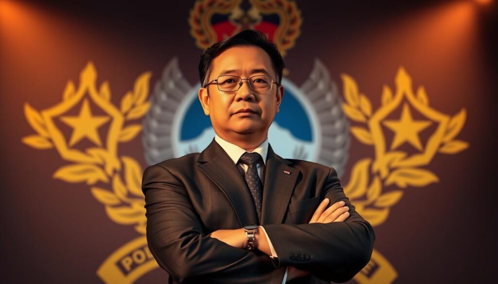 A middle-aged man in a dark suit and tie, standing confidently with his arms crossed, his expression serious and determined. He is standing in front of a backdrop of the Indonesian national police emblem, illuminated by warm, focused lighting that casts dramatic shadows, creating a sense of authority and importance. The scene conveys a message of support and cooperation between the government official and the police force, as they work together to address a pressing issue.