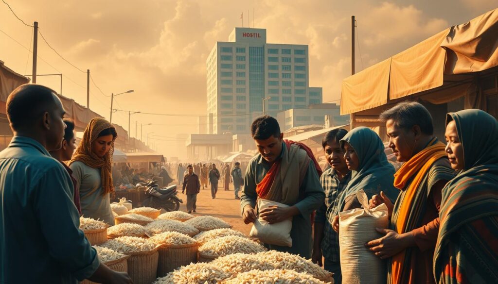 A vibrant, hyper-realistic scene depicting the impact of adulterated rice on public health. In the foreground, a diverse group of people, their faces etched with concern, gathers around a table examining bags of suspect rice. The middle ground showcases a bustling market, vendors hawking their wares amidst an atmosphere of unease. In the background, a towering hospital looms, symbolizing the burden placed on the healthcare system. Warm, natural lighting casts a pensive glow, heightening the sense of gravity. The composition conveys the widespread social and medical ramifications of this issue, inviting the viewer to contemplate the human cost.