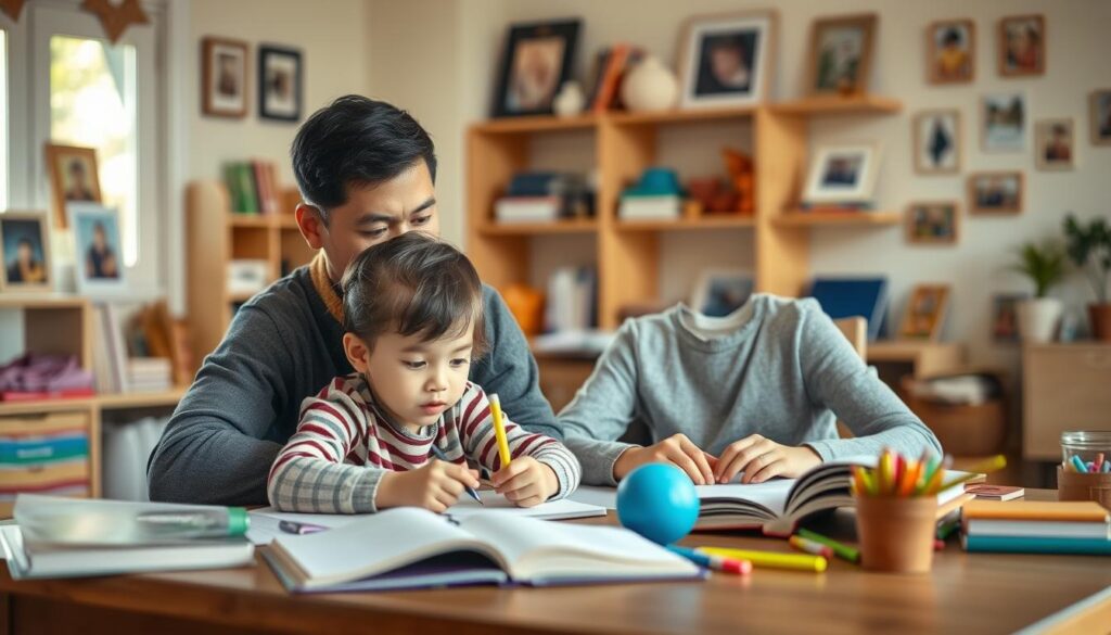 A warm and inviting scene of collaborative parent-child education. In the foreground, a parent and child sit together at a wooden table, working intently on a project or homework. The parent's expression is one of patient guidance, while the child's face radiates curiosity and engagement. Surrounding them, the middle ground features educational tools and materials - books, learning aids, and art supplies. The background portrays a cozy, well-lit home environment, with hints of family photographs and personal touches that convey a sense of nurturing and support. Soft, natural lighting filters in, creating a harmonious, encouraging atmosphere that celebrates the partnership between parents and children in the educational journey.