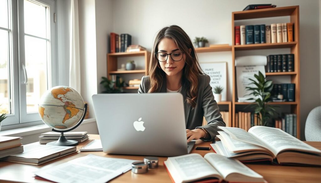A cozy, well-organized home office setting showcasing a freelance translator at work. In the foreground, a focused young woman in smart casual attire sits at a desk with a laptop open, surrounded by multilingual documents and open reference books. In the middle, a globe and a stylish notepad filled with notes highlight her language expertise. The background features a bright, well-lit room with shelves holding dictionaries and inspirational quotes about communication. Soft natural light streams through a large window, creating a warm and inviting atmosphere. The overall mood is professional and productive, reflecting the opportunities in freelance translation services. Angle the scene as if viewed slightly from above for a dynamic perspective.