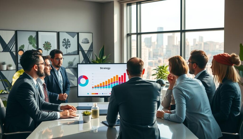 A dynamic and engaging business strategy meeting in a modern office environment. In the foreground, a diverse group of professionals, including men and women in smart business attire, is gathered around a sleek table. They are discussing a colorful strategy chart displayed on a large screen, with pie charts and growth projections visible. In the middle ground, a large window shows a bustling city skyline, bathed in soft natural light, enhancing the atmosphere of productivity and innovation. The background features contemporary office decor, including plants and art pieces that inspire creativity. The scene is well-lit, with the sunlight creating a warm, inviting ambiance, reflecting the importance of effective business strategies for profit enhancement.