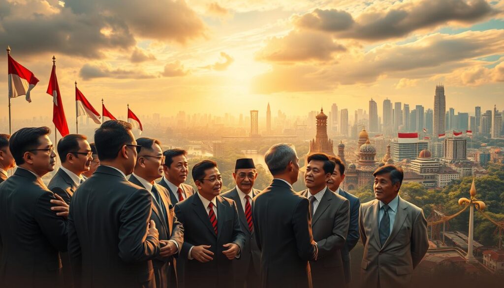 A historical representation of Indonesian democracy post-independence, illustrating the transition from the Old Order to the New Order. In the foreground, a diverse group of Indonesian politicians in professional business attire discusses and debates passionately, showcasing determination and hope. The middle ground features iconic symbols of Indonesian politics, such as flags and monuments, signifying national pride and struggle. In the background, a panoramic view of Jakarta’s skyline blends traditional and modern architecture, reflecting the country’s evolving identity. The atmosphere is vibrant and dynamic, filled with warm, golden lighting that captures the spirit of progress and change. The image should convey a sense of unity and determination in shaping a democratic future for Indonesia. A historical representation of Indonesian democracy post-independence, illustrating the transition from the Old Order to the New Order. In the foreground, a diverse group of Indonesian politicians in professional business attire discusses and debates passionately, showcasing determination and hope. The middle ground features iconic symbols of Indonesian politics, such as flags and monuments, signifying national pride and struggle. In the background, a panoramic view of Jakarta’s skyline blends traditional and modern architecture, reflecting the country’s evolving identity. The atmosphere is vibrant and dynamic, filled with warm, golden lighting that captures the spirit of progress and change. The image should convey a sense of unity and determination in shaping a democratic future for Indonesia.