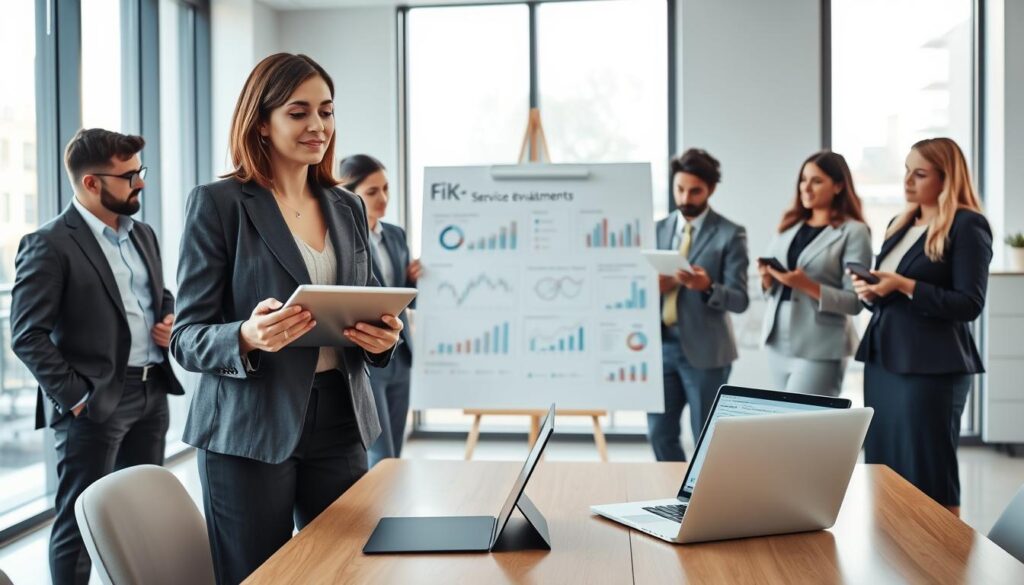 A professional and modern office environment where a diverse team of business professionals is engaged in a constructive evaluation meeting. In the foreground, a confident middle-aged woman in a smart blazer stands, presenting data on a digital tablet. Around her are a mix of men and women in professional business attire, actively discussing and taking notes. The middle ground features a large whiteboard filled with charts and analyses representing service improvements, and an open laptop displaying performance metrics. The background shows large windows with natural light pouring in, giving the room a bright and optimistic atmosphere. The scene conveys a sense of teamwork, focus, and a proactive approach to internal evaluation and service enhancement.