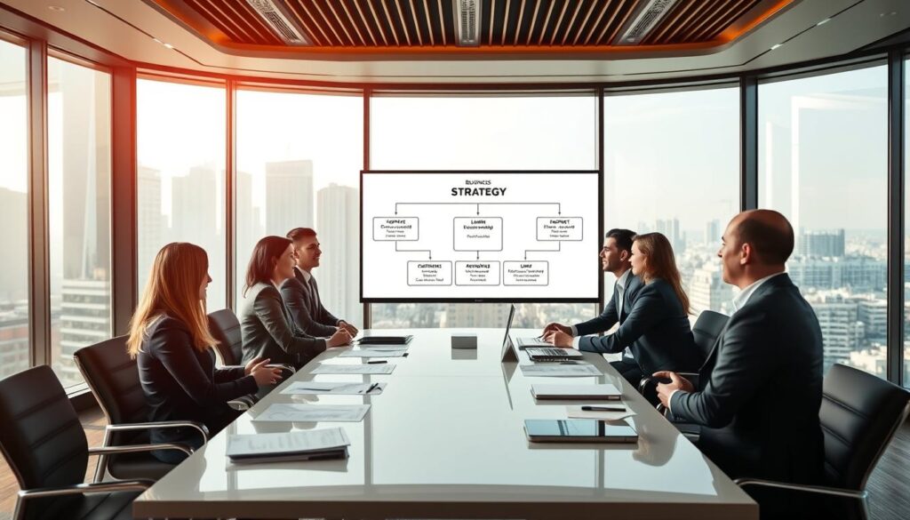 A professional business strategy meeting in an elegant conference room. In the foreground, a diverse group of business professionals in smart attire, engaged in discussion around a sleek, modern conference table filled with strategic documents and digital devices. In the middle, a large whiteboard displaying a clear diagram outlining the various levels of business strategies, such as corporate, business, and operational. The background showcases panoramic windows with a city skyline, allowing natural light to flood the room, creating a bright and inspiring atmosphere. The lighting is warm and inviting, with a slight focus on the group, highlighting their collaborative spirit and determination. The overall mood conveys professionalism, clarity, and ambition.