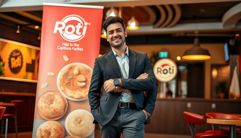 A professional male brand ambassador stands confidently beside a tall, eye-catching standee featuring the "Roti O" logo. He is wearing a smart casual outfit, including a fitted blazer and stylish trousers. His expression is friendly and approachable, exuding charisma and confidence. The background is a vibrant, modern café setting with warm lighting, emphasizing a welcoming atmosphere. Soft, diffused light highlights his features, casting gentle shadows that add depth. The standee showcases colorful imagery of various delicious roti products, creating an inviting focal point. The image is shot at eye-level, capturing the ambassador as a relatable figure in a contemporary setting, embodying the spirit of the brand. The scene feels dynamic yet professional, aiming to resonate with a diverse audience.
