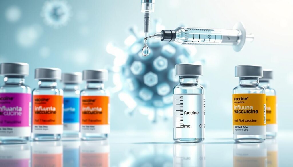 A scientifically detailed illustration depicting the composition and types of influenza vaccines. In the foreground, various vaccine vials are artistically arranged, showcasing distinct labels for different vaccine types, emphasizing clarity in color and design. The middle ground features a clear syringe ready for use, with a drop of the vaccine visibly glistening at the tip. The background showcases a abstract representation of a virus structure, highlighted with soft, glowing effects to symbolize the fight against influenza. The lighting is bright and clinical, evoking a sense of hope and professionalism. The atmosphere conveys urgency and importance, suitable for an educational context, while maintaining a clean and sterile aesthetic typical of a medical setting.