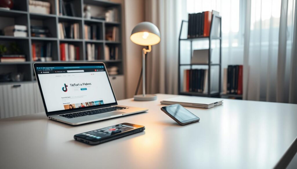A sleek modern computer desk sits in focus in the foreground, displaying an open laptop with a captivating interface of a website dedicated to downloading TikTok videos without watermarks. Nearby, a smartphone lies with the TikTok app opened, showcasing a popular short video. In the middle ground, soft ambient lighting emanates from a desk lamp, creating a productive work atmosphere. The background features a stylish bookshelf filled with tech and digital marketing books, suggesting a tech-savvy environment. Natural light from a window filters through sheer curtains, enhancing the calm and inviting mood of the workspace. The entire scene embodies the ease and convenience of downloading TikTok videos without the watermark, focusing on modern digital tools.
