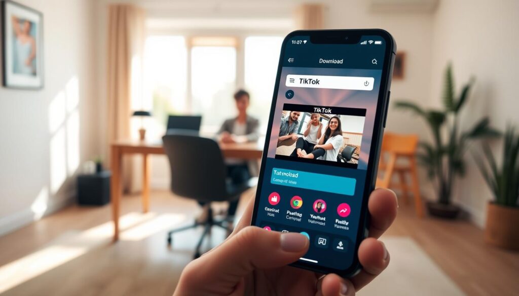 A user-friendly mobile application interface showing the process of downloading TikTok videos without a watermark. In the foreground, a smartphone displays a vibrant app screen filled with intuitive buttons and large visuals of a TikTok video thumbnail. The middle layer includes a hand using the phone, showcasing a user comfortably and casually dressed. The background displays a bright room with a wooden desk, natural light streaming in through a window, creating a warm and inviting atmosphere. Soft shadows add depth to the scene. The overall mood is cheerful and tech-savvy, conveying a sense of ease and accessibility in downloading videos.