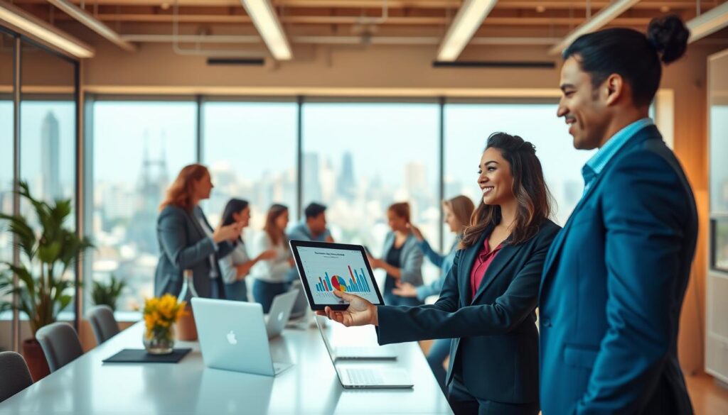 A vibrant and engaging office setting showcasing a diverse group of professionals brainstorming social media marketing strategies. In the foreground, a confident woman in business attire gestures towards a colorful chart displayed on a tablet. The middle ground features a collaborative team discussion, with individuals of various ethnicities exchanging ideas, surrounded by digital devices. The background shows a large window with natural light flooding in, overlooking a bustling cityscape, enhancing the atmosphere of innovation. Use a slight depth of field to focus on the team while softly blurring the background. The overall mood is dynamic and uplifting, emphasizing teamwork and creative energy in the realm of social media marketing.