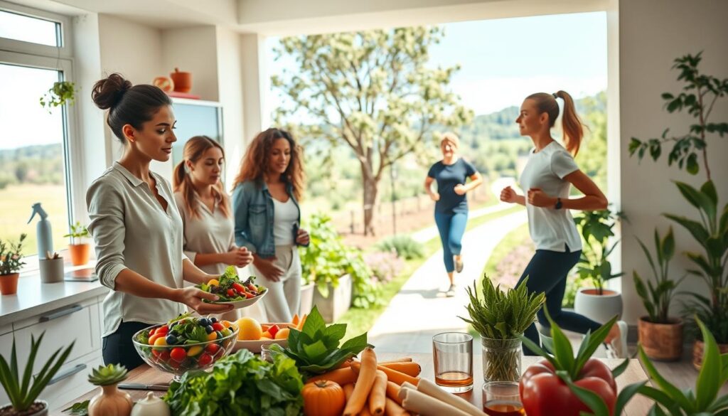 A vibrant and healthy lifestyle scene representing natural methods to control cholesterol. In the foreground, a diverse group of individuals in professional casual attire are engaged in various healthy activities: one is preparing a colorful salad with fresh vegetables and fruits, another is doing yoga, and a third is jogging along a scenic pathway. The middle ground shows a clean, sunny kitchen filled with natural light, adorned with plants and herbal teas, while a window reveals a lush garden outside. The background depicts a serene environment with healthy landscapes, such as trees and green fields, under a bright blue sky. The overall mood is uplifting and motivational, emphasizing wellness and vitality, with soft, warm lighting that enhances the comforting atmosphere.