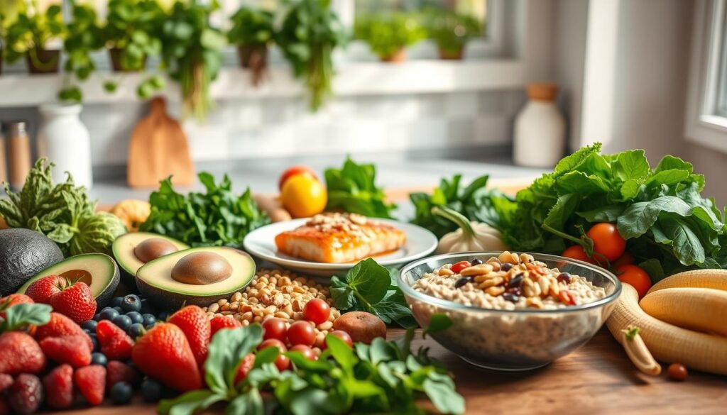 A vibrant and informative scene depicting a healthy diet aimed at reducing cholesterol. In the foreground, a beautifully arranged table showcases a variety of colorful fruits and vegetables: avocados, berries, leafy greens, and legumes. In the middle ground, there is a plate of grilled salmon and a bowl of oatmeal topped with nuts and honey, emphasizing heart-healthy choices. The background features a sunlit kitchen with herbs growing on the windowsill, conveying a fresh and inviting atmosphere. The lighting is warm and soft, creating a cozy environment. Capture the essence of a wholesome lifestyle, with an emphasis on natural and nutritious food choices. The angle should be slightly above the table, giving a clear view of the food presentation, making it both appealing and educational.