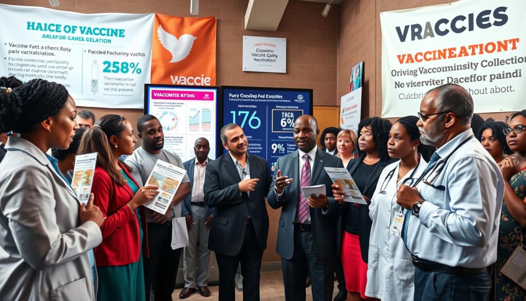 A vivid and thought-provoking scene depicting the challenges of vaccine misinformation. In the foreground, a diverse group of health professionals, dressed in professional attire, engage in a discussion, some pointing at pamphlets illustrating vaccine facts and debunking myths. In the middle ground, a large digital display shows contrasting statistics, with some informative graphs about vaccination rates and misinformation trends. The background features a community health clinic with banners promoting vaccination, surrounded by diverse community members looking on with expressions of concern and curiosity. The lighting is bright and focused on the health professionals, casting softer shadows in the background, creating an atmosphere of urgency and hope. Capture this scene from a slightly low angle to evoke a sense of action and importance, emphasizing the role of education in combating misinformation.